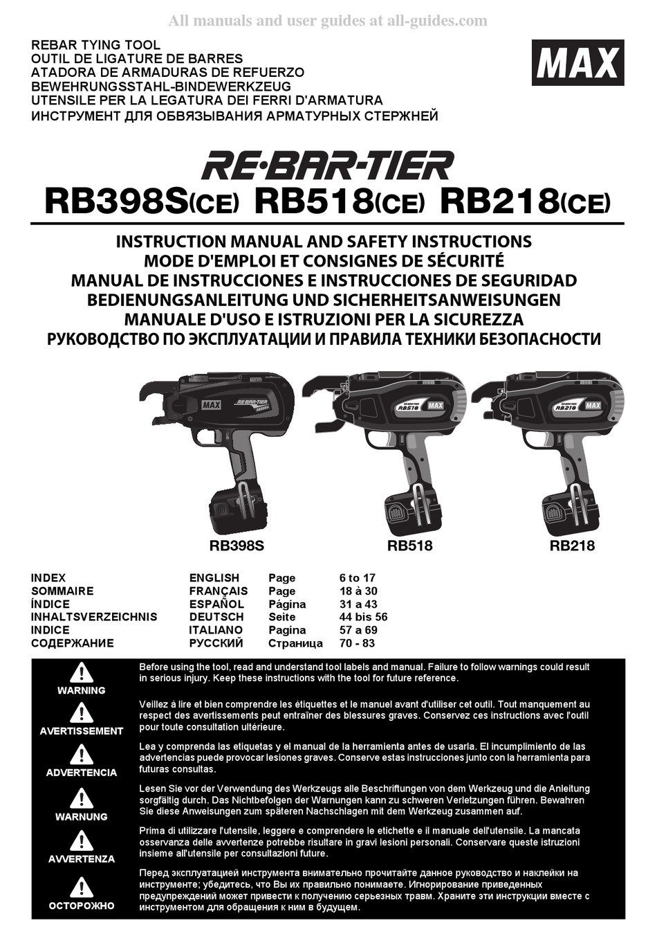 MAX REBARTIER RB398S INSTRUCTION MANUAL AND SAFETY INSTRUCTIONS Pdf