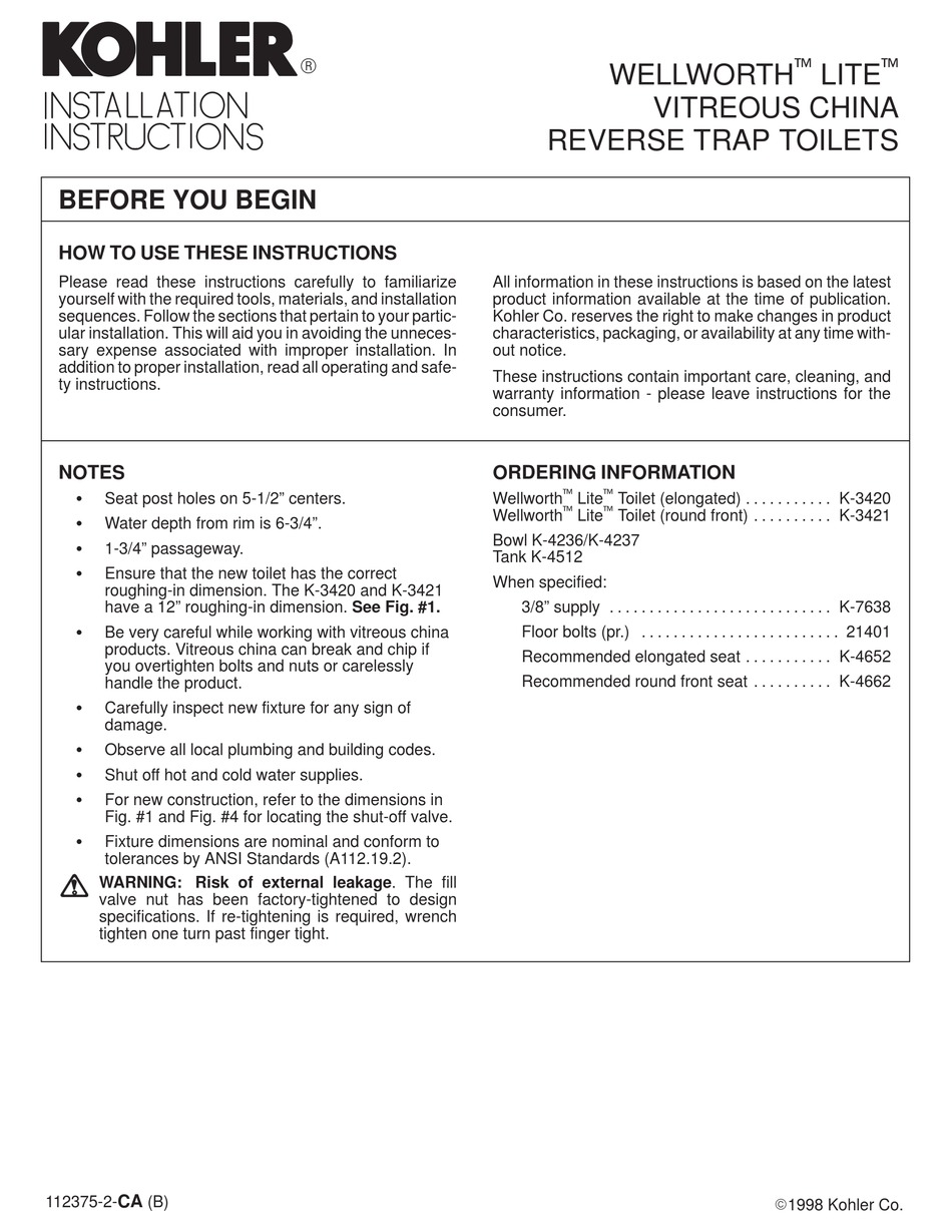 KOHLER WELLWORTH LITE K3420 INSTALLATION INSTRUCTIONS MANUAL Pdf