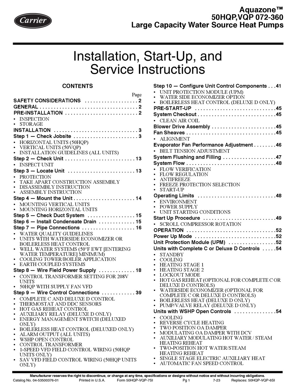 CARRIER AQUAZONE VQP 072 INSTALLATION, STARTUP AND SERVICE