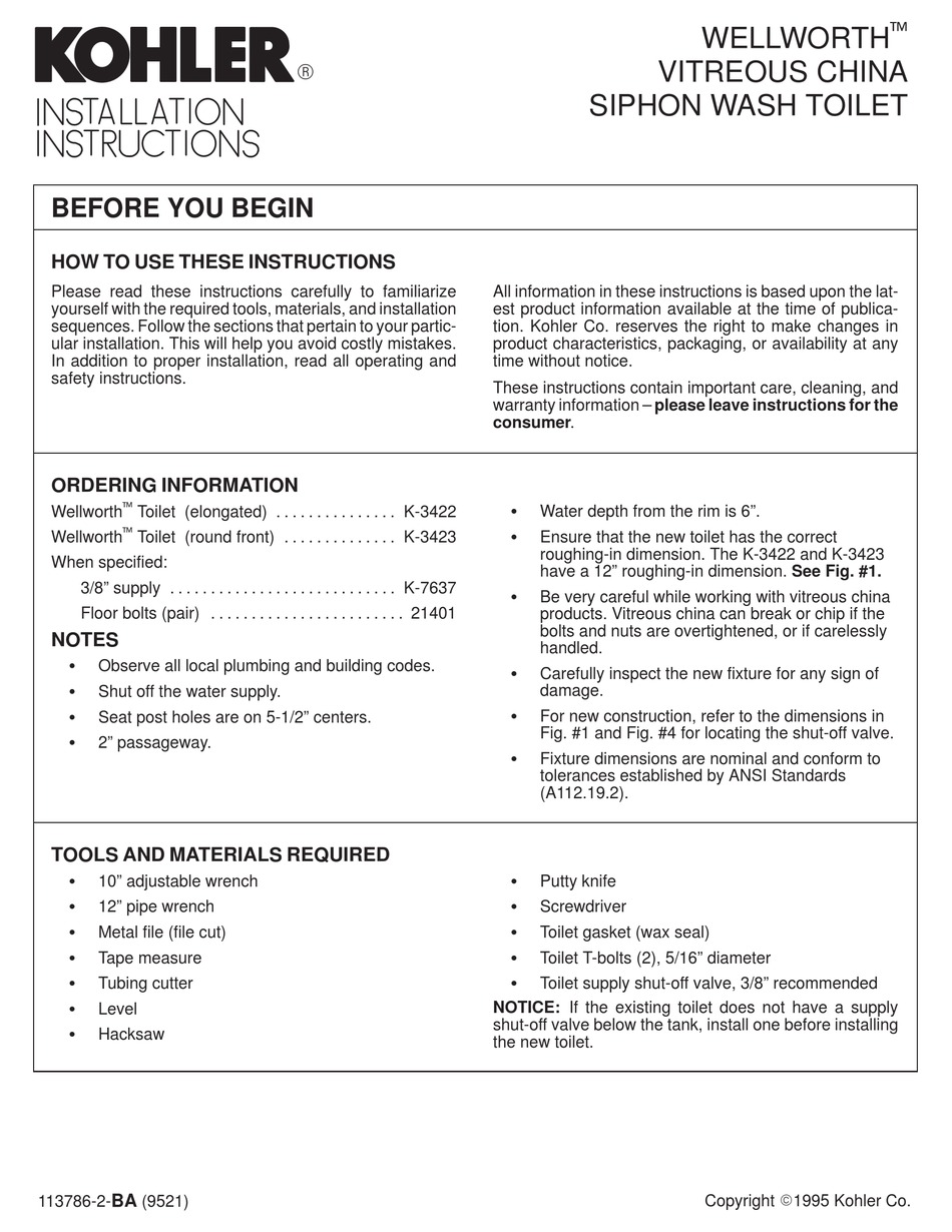 KOHLER WELLWORTH K3423 INSTALLATION INSTRUCTIONS MANUAL Pdf Download