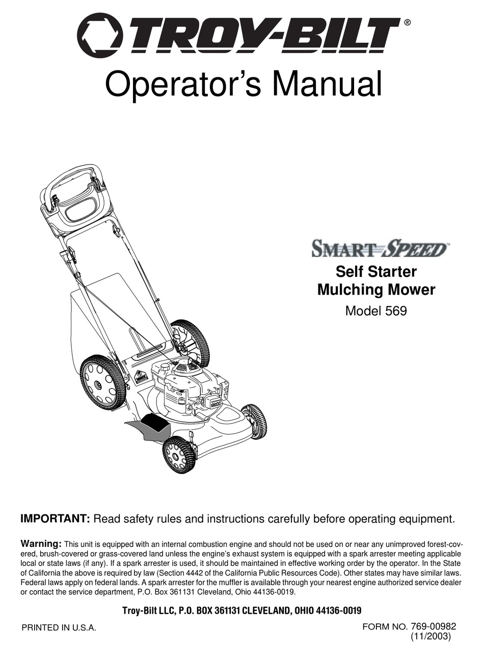 Troy Bilt Smart Speed Operator S Manual Pdf Download Manualslib