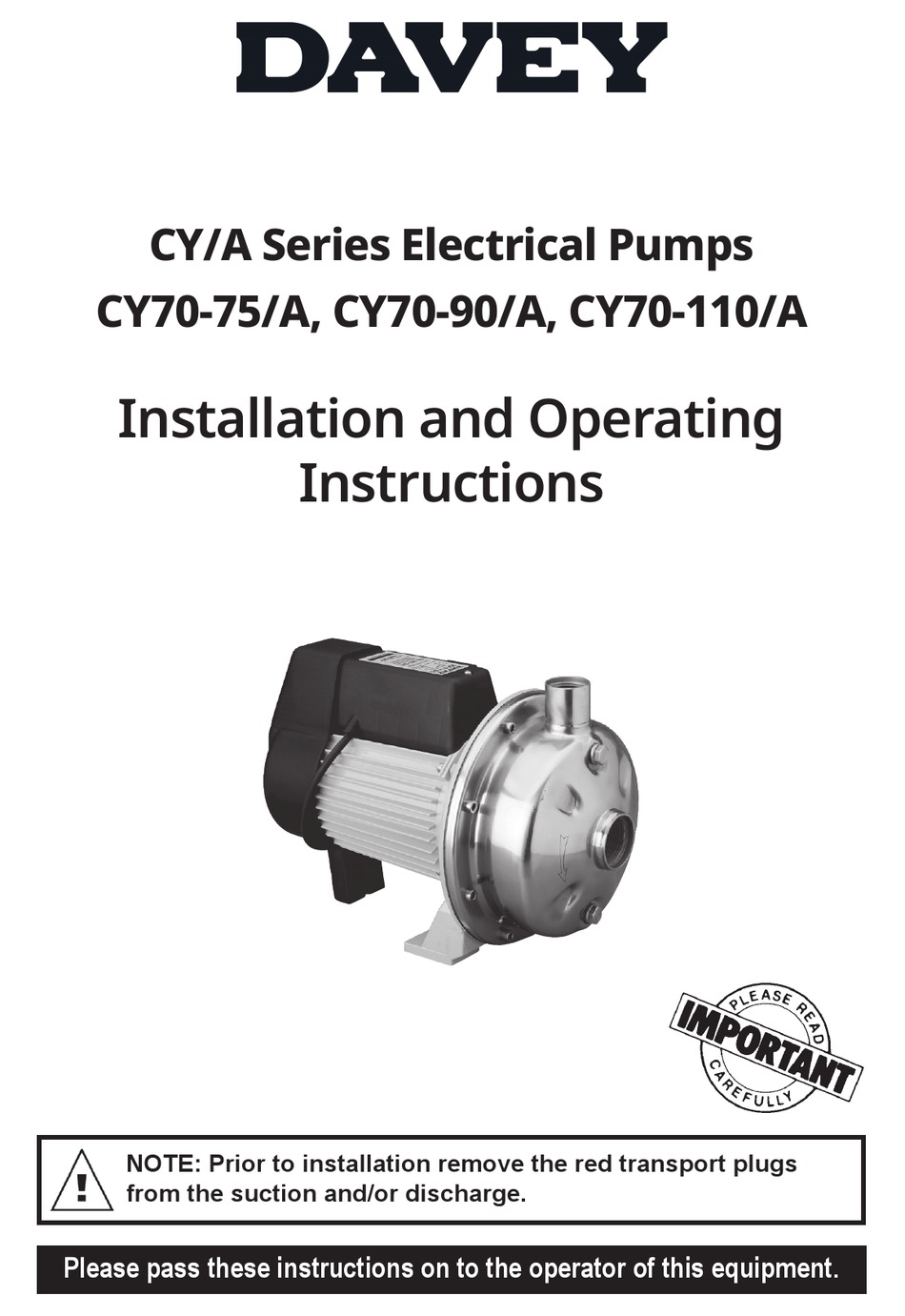 DAVEY CY/A SERIES INSTALLATION AND OPERATING INSTRUCTIONS MANUAL Pdf