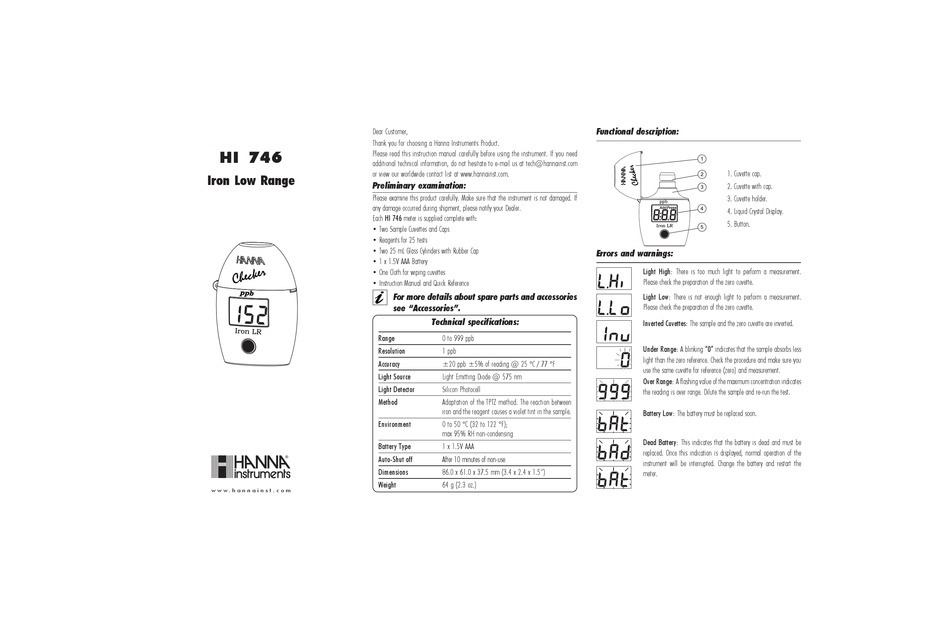 HANNA INSTRUMENTS HI 746 QUICK START MANUAL Pdf Download ManualsLib