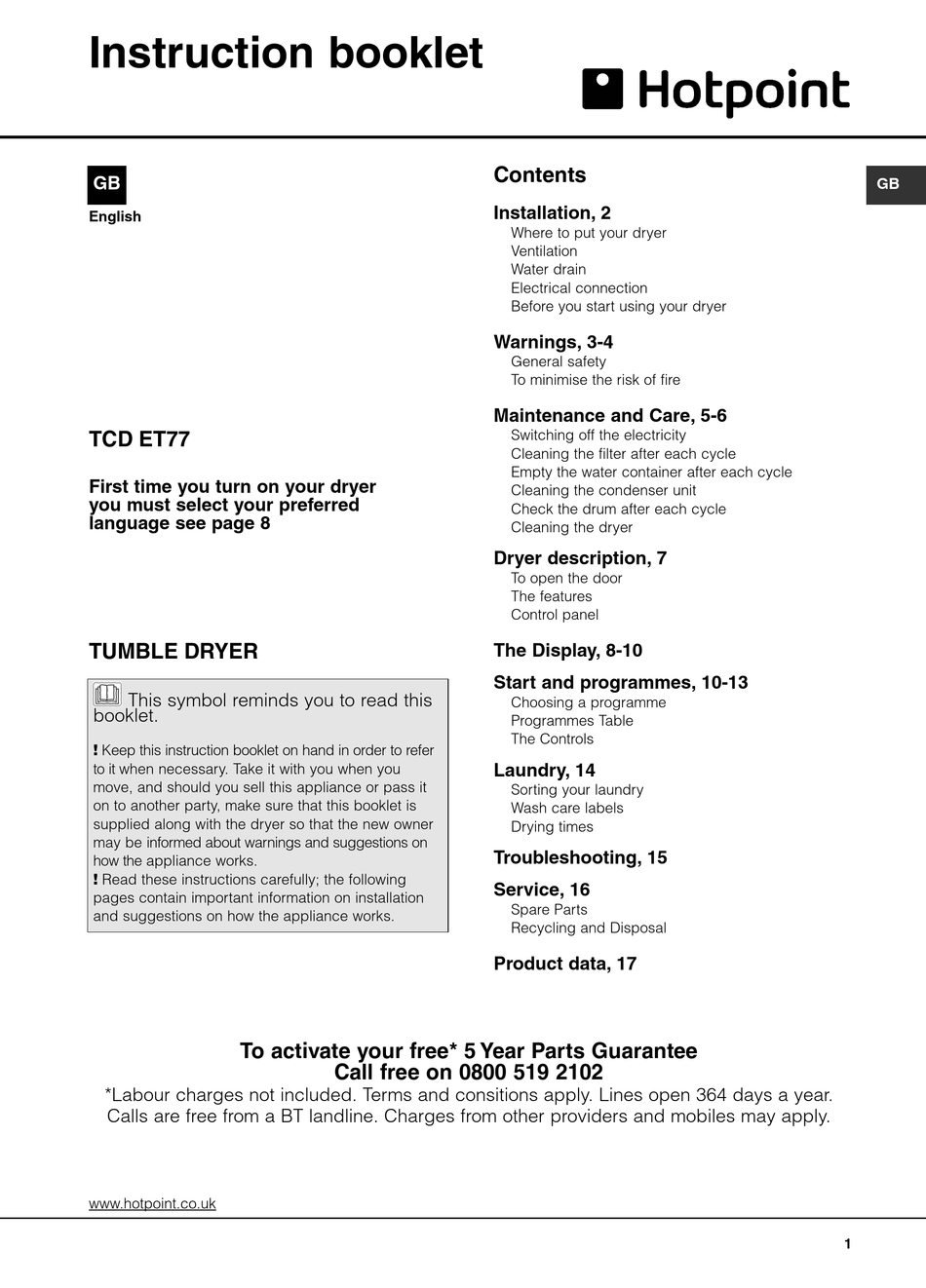 HOTPOINT TCD ET77 INSTRUCTION BOOKLET Pdf Download | ManualsLib