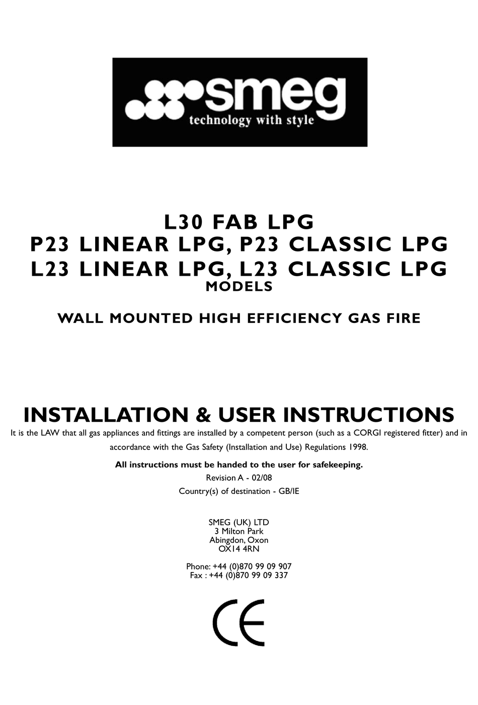 SMEG L30 FAB LPG INSTALLATION & USER'S INSTRUCTIONS Pdf Download