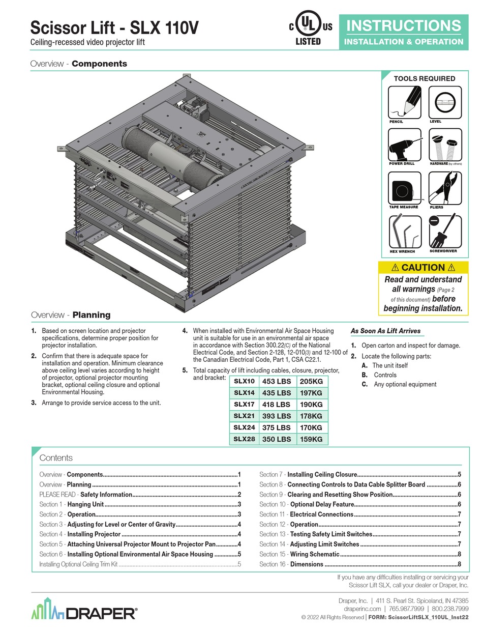 DRAPER SLX 110V INSTRUCTIONS INSTALLATION & OPERATION Pdf Download