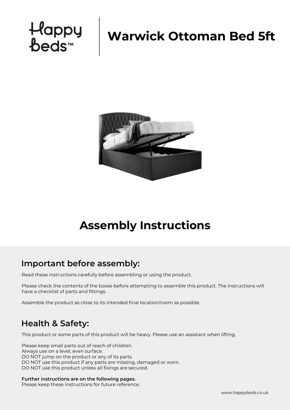 HAPPYBEDS WARWICK OTTOMAN BED 5FT ASSEMBLY INSTRUCTIONS MANUAL Pdf