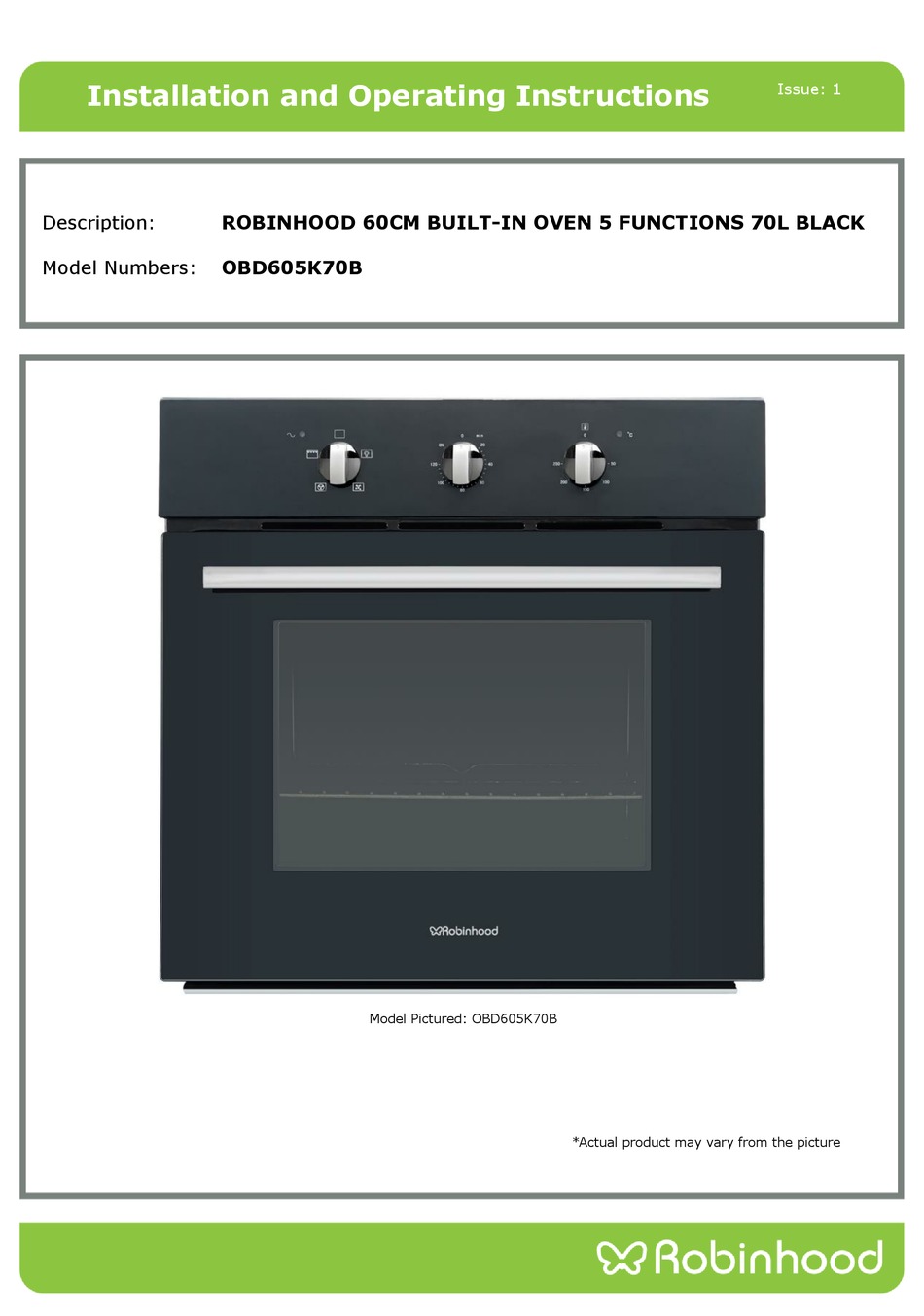 ROBINHOOD OBD605K70B INSTALLATION AND OPERATING INSTRUCTIONS MANUAL Pdf