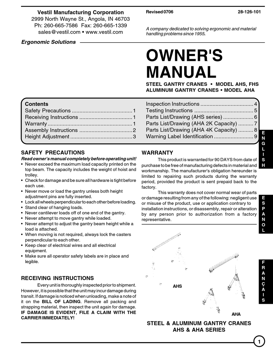 VESTIL AHS OWNER'S MANUAL Pdf Download | ManualsLib