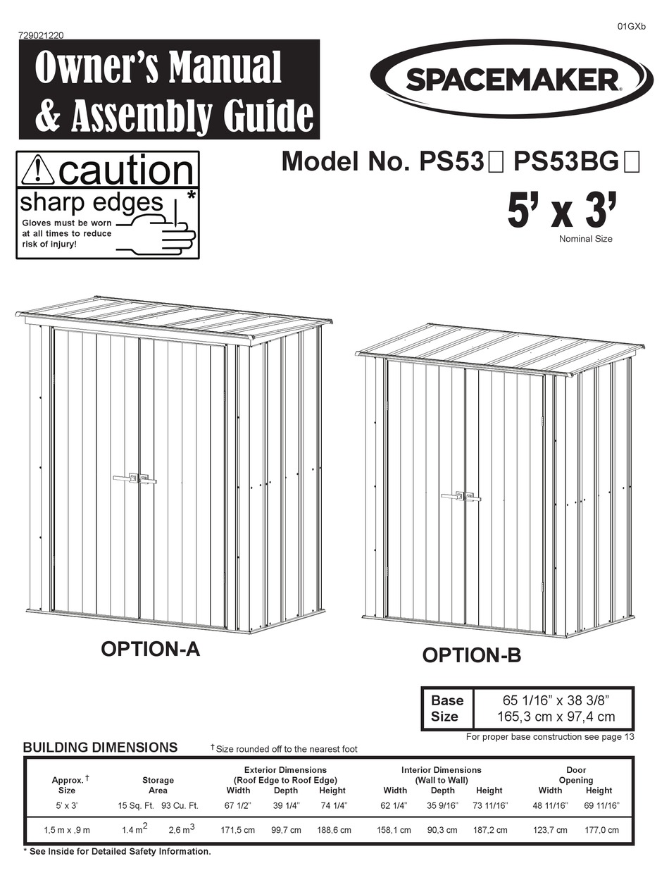 ARROW STORAGE PRODUCTS SPACEMAKER PS53 SERIES OWNER'S MANUAL & ASSEMBLY MANUAL Pdf Download