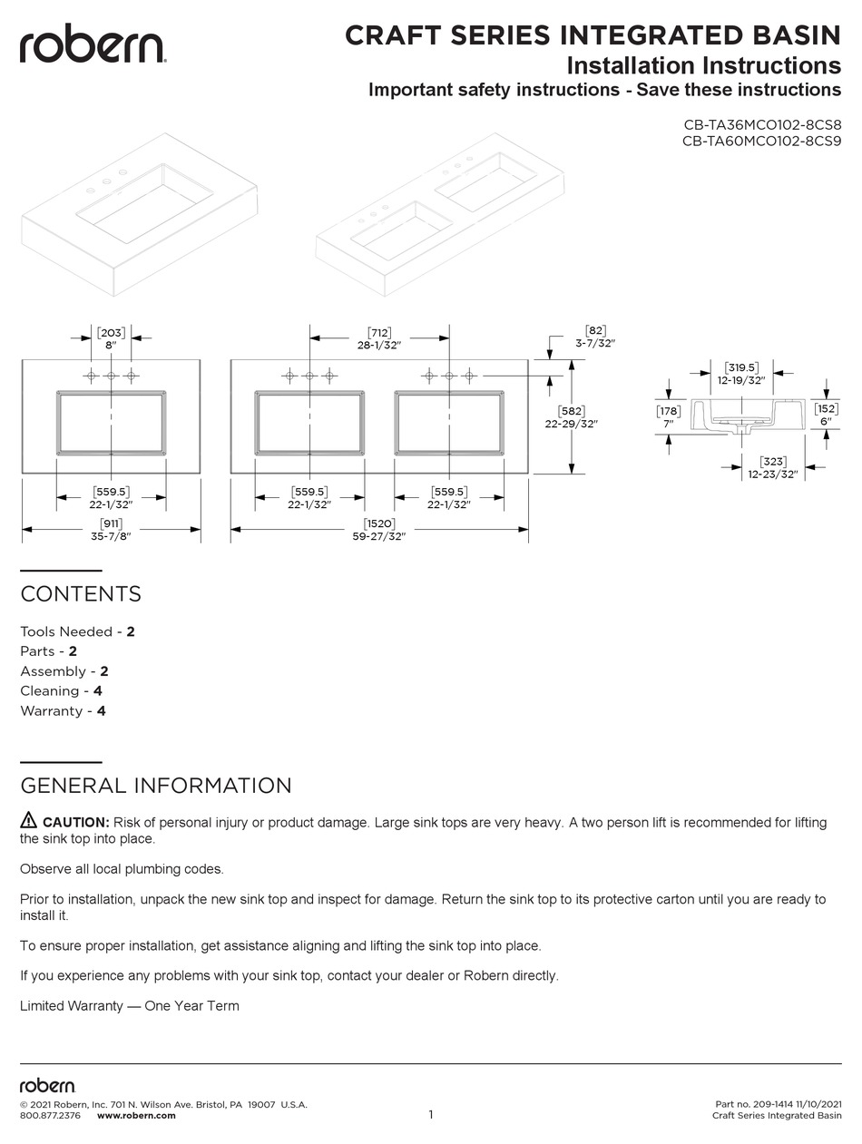 ROBERN CRAFT CBTA36MCO1028CS8 INSTALLATION INSTRUCTIONS MANUAL Pdf
