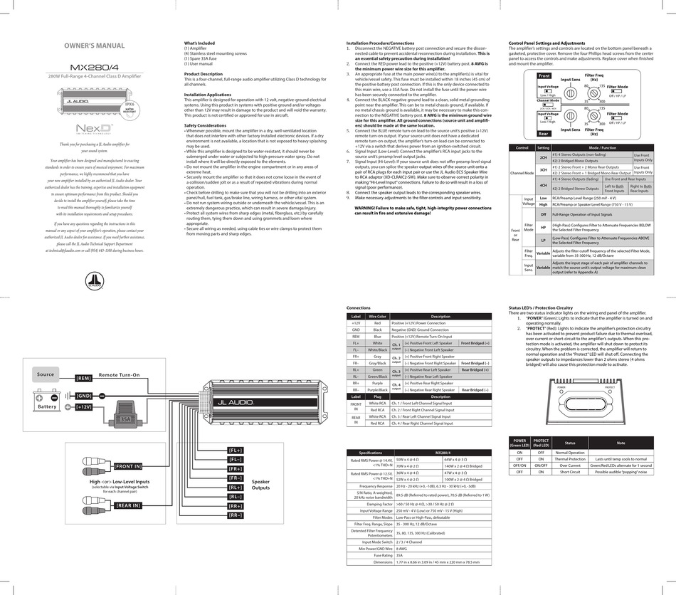 JL AUDIO MX280/4 OWNER'S MANUAL Pdf Download ManualsLib