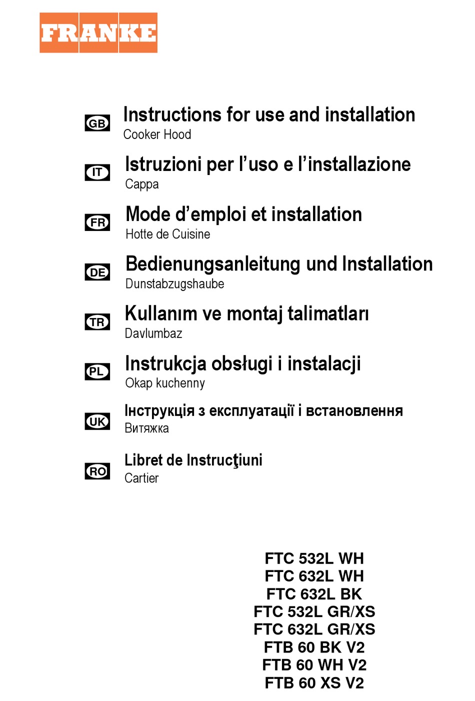 FRANKE FTC 532L WH INSTRUCTIONS FOR USE AND INSTALLATION Pdf Download