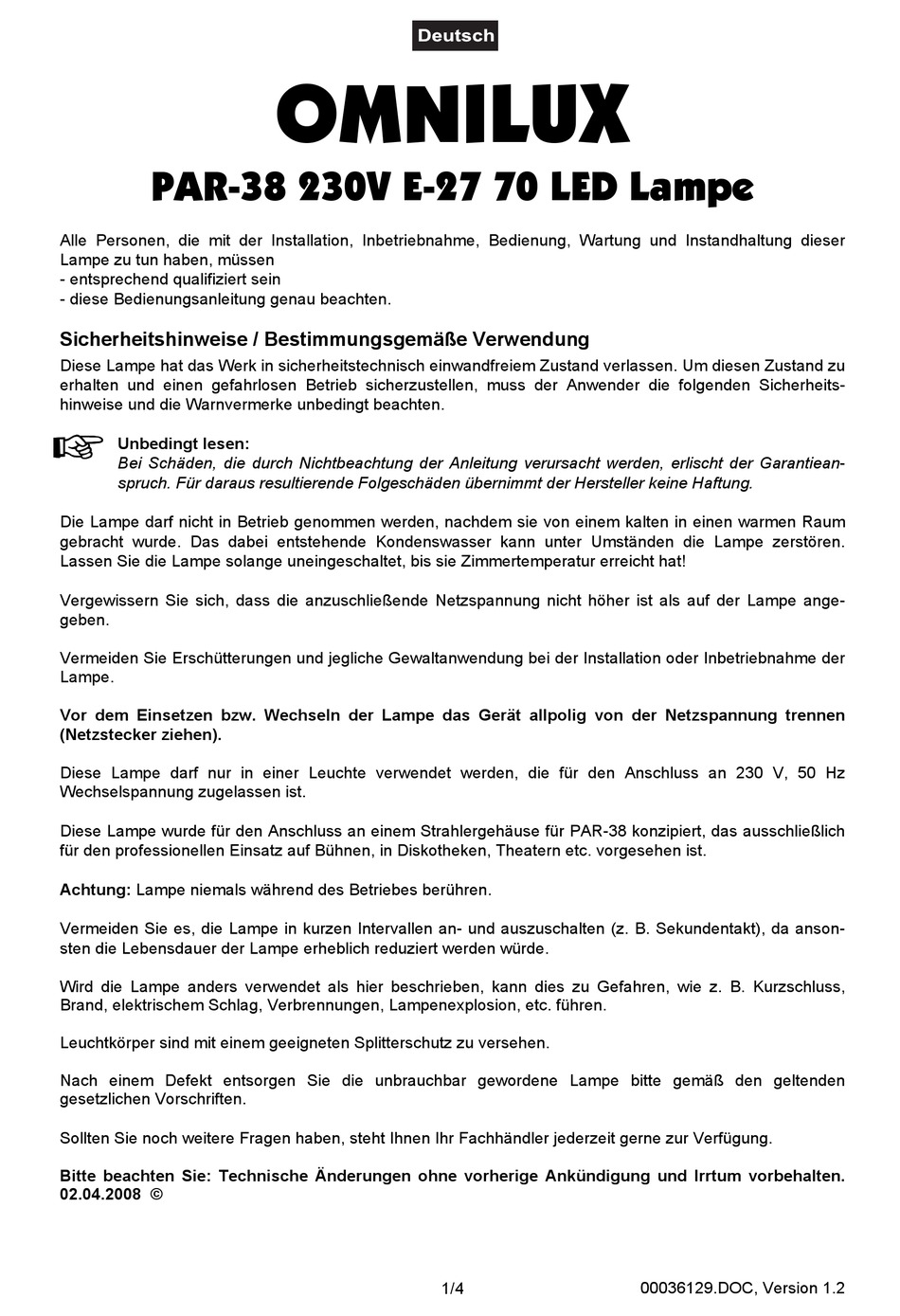 EUROLITE OMNILUX PAR38 230V E27 70 INSTRUCTIONS Pdf Download ManualsLib