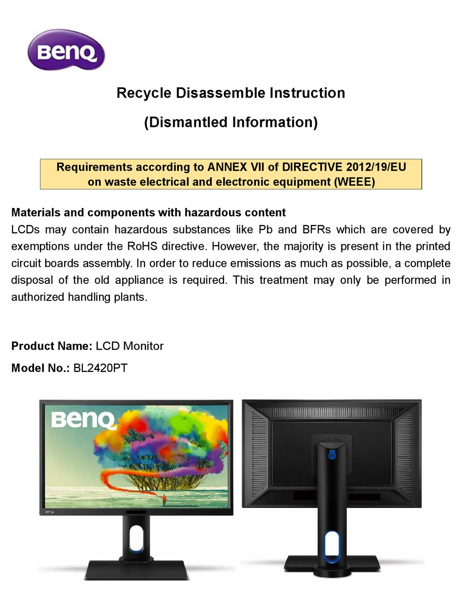 BENQ BL2420PT DISASSEMBLE INSTRUCTIONS Pdf Download ManualsLib