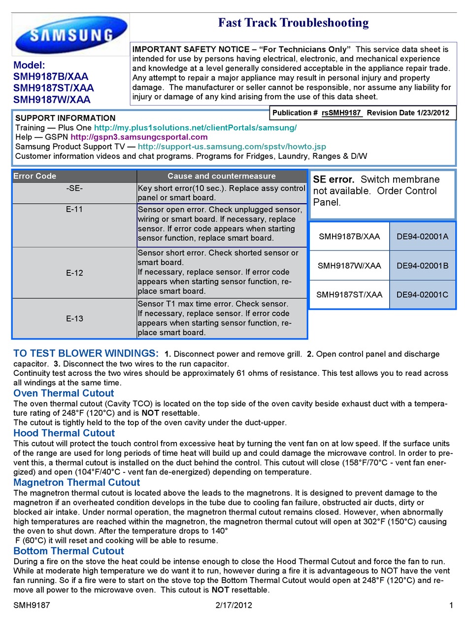 SAMSUNG SMH9187ST/XAA FAST TRACK TROUBLESHOOTING Pdf Download ManualsLib