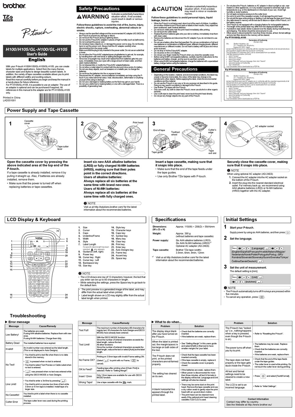 BROTHER PTOUCH H100 USER MANUAL Pdf Download ManualsLib