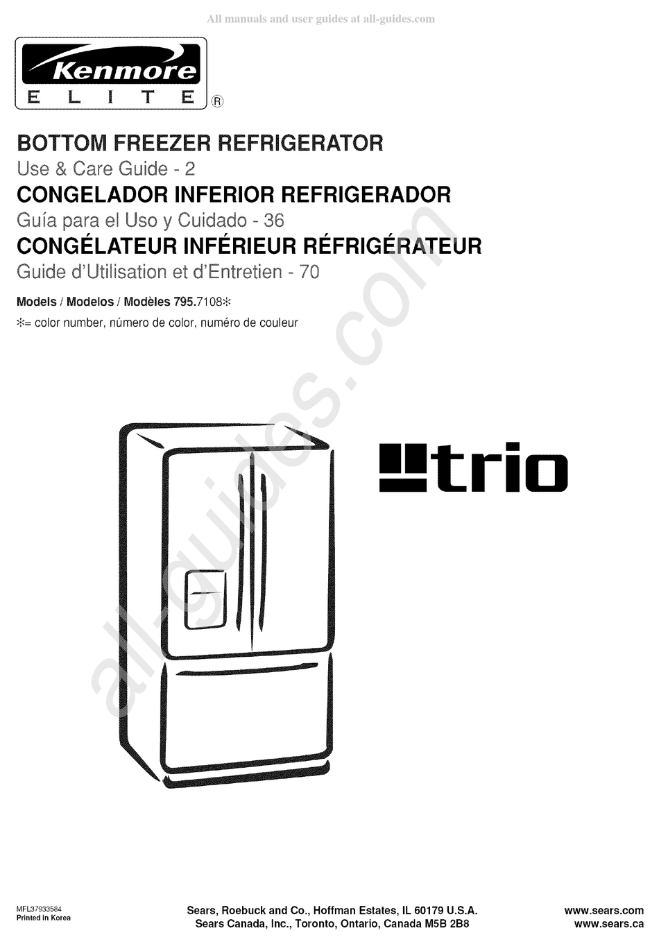 SEARS KENMORE ELITE TRIO 795.7108 SERIES USE & CARE MANUAL Pdf Download