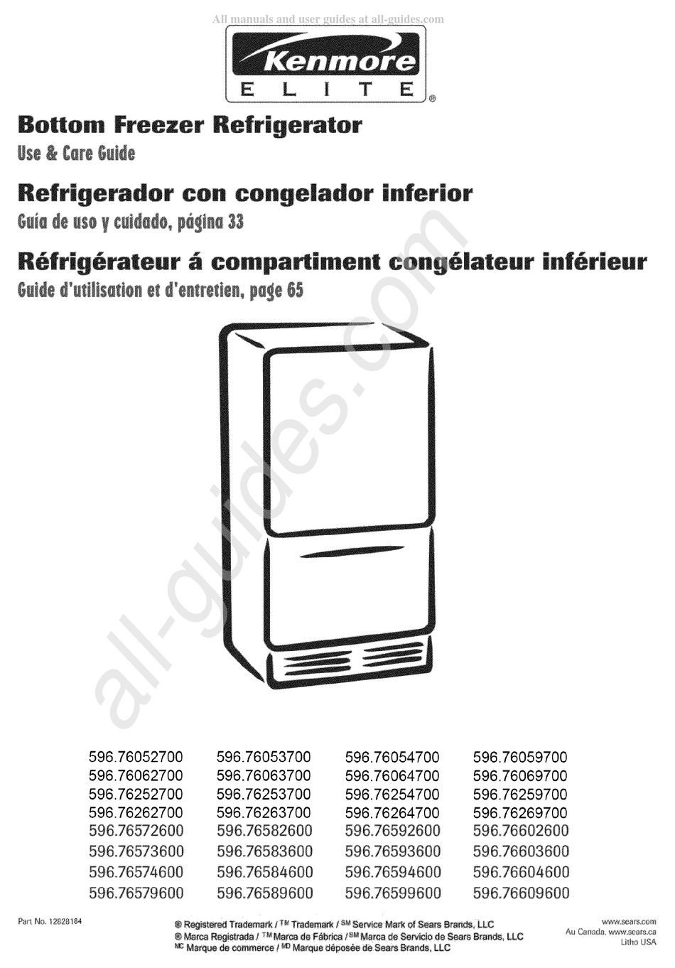 SEARS KENMORE ELITE 596.76052700 USE & CARE MANUAL Pdf Download