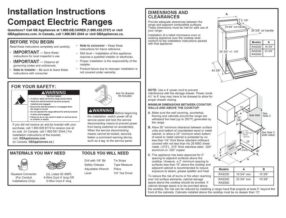 GE RAS200 INSTALLATION INSTRUCTIONS MANUAL Pdf Download | ManualsLib