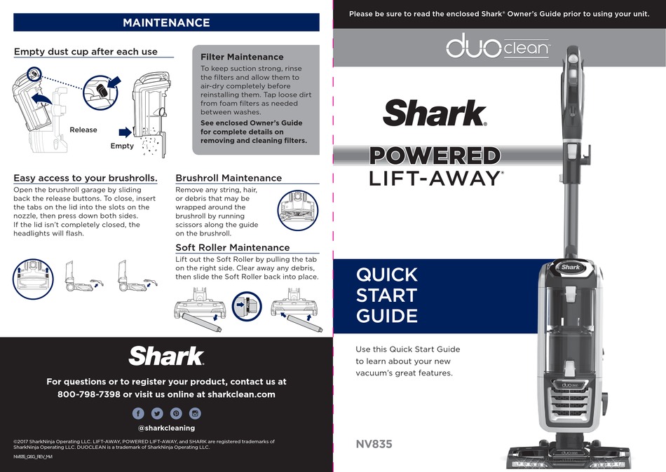 SHARK DUOCLEAN POWERED LIFTAWAY NV835 QUICK START MANUAL Pdf Download