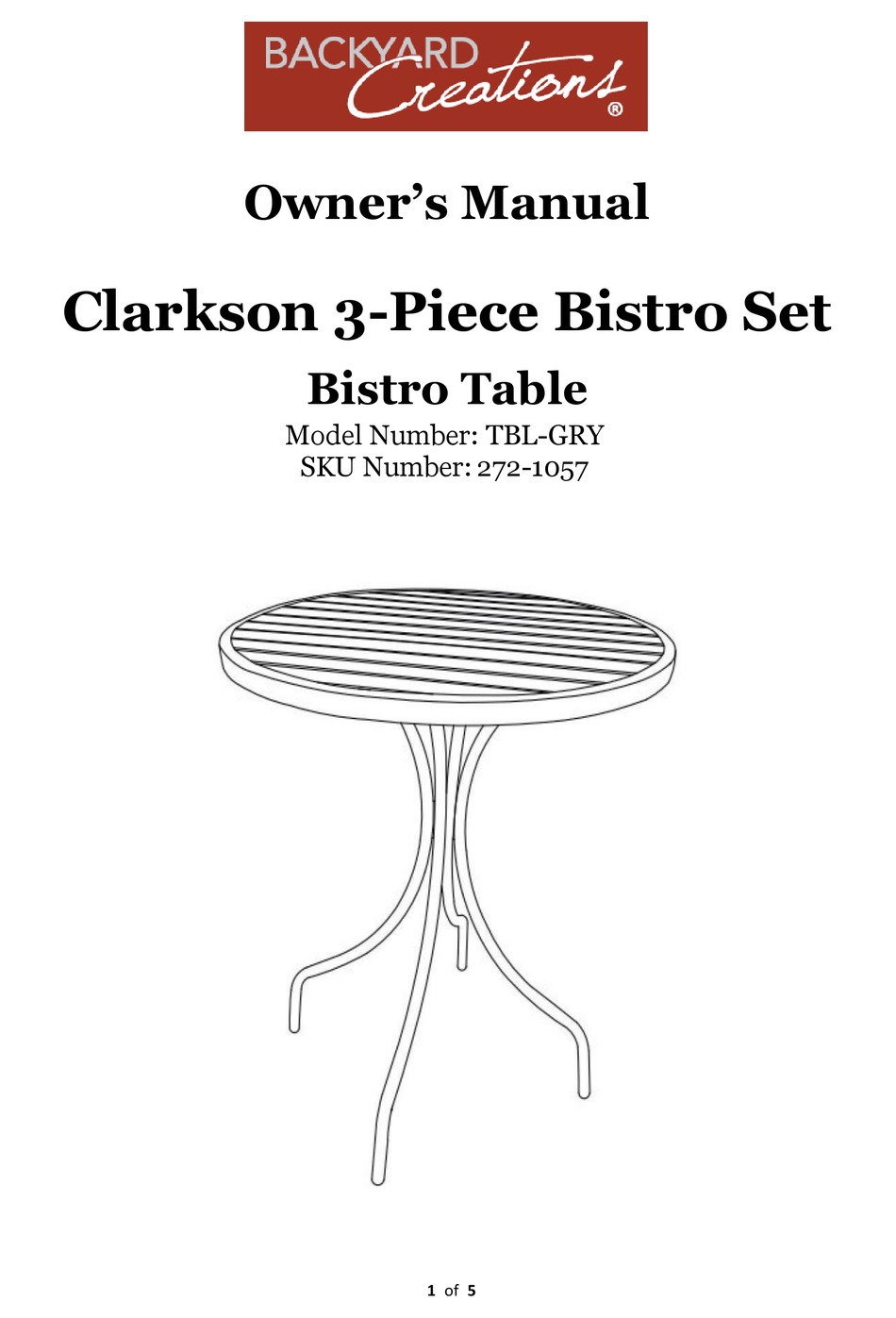 BACKYARD CREATIONS CLARKSON TBLGRY OWNER'S MANUAL Pdf Download