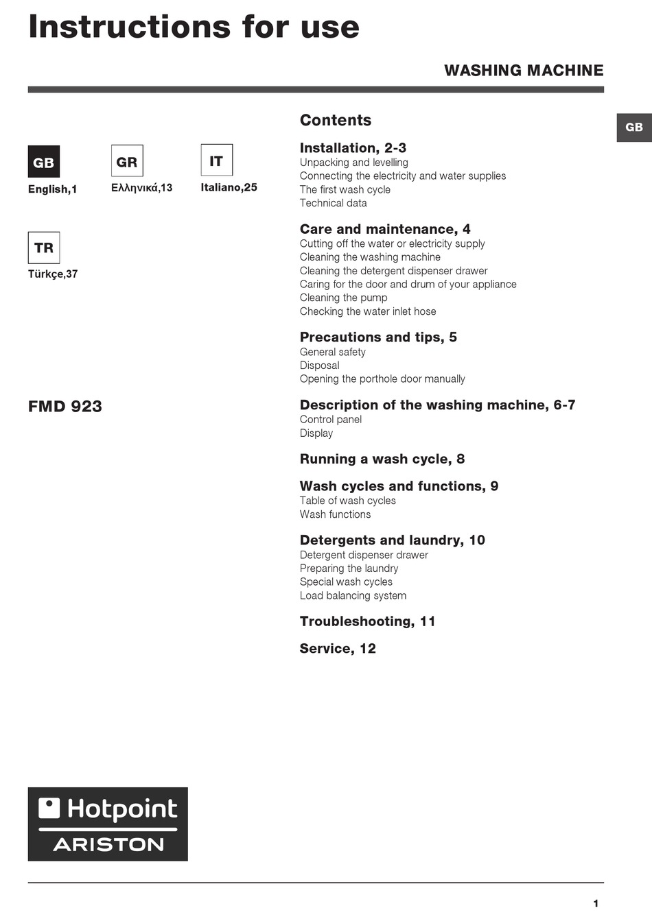 HOTPOINT ARISTON FMD 923 INSTRUCTIONS FOR USE MANUAL Pdf Download ...