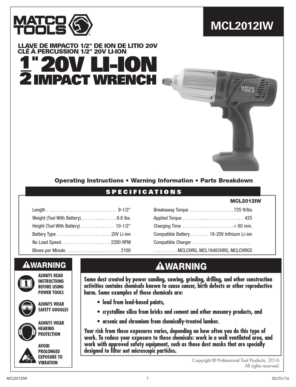 MATCO TOOLS MCL2012IWK2 OPERATING INSTRUCTIONS MANUAL Pdf Download