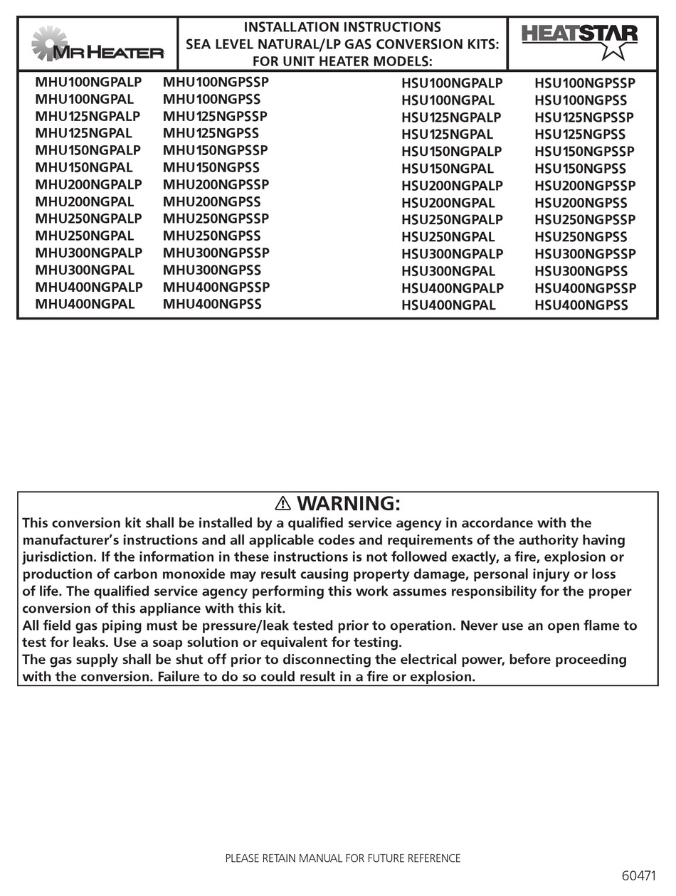 MR. HEATER HEATSTAR MHU100NGPALP INSTALLATION INSTRUCTIONS MANUAL Pdf