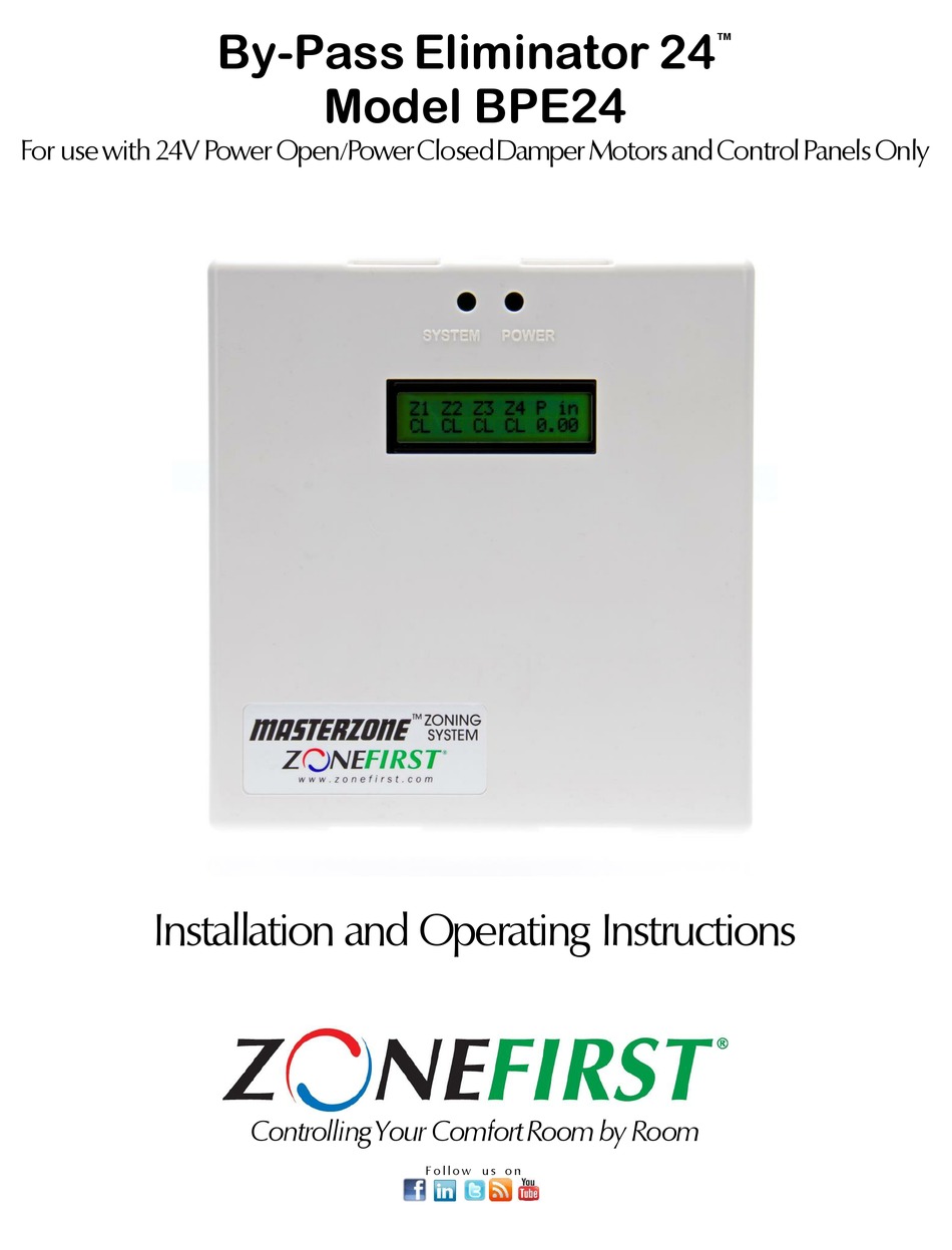ZONEFIRST BYPASS ELIMINATOR 24 BPE24 INSTALLATION AND OPERATING