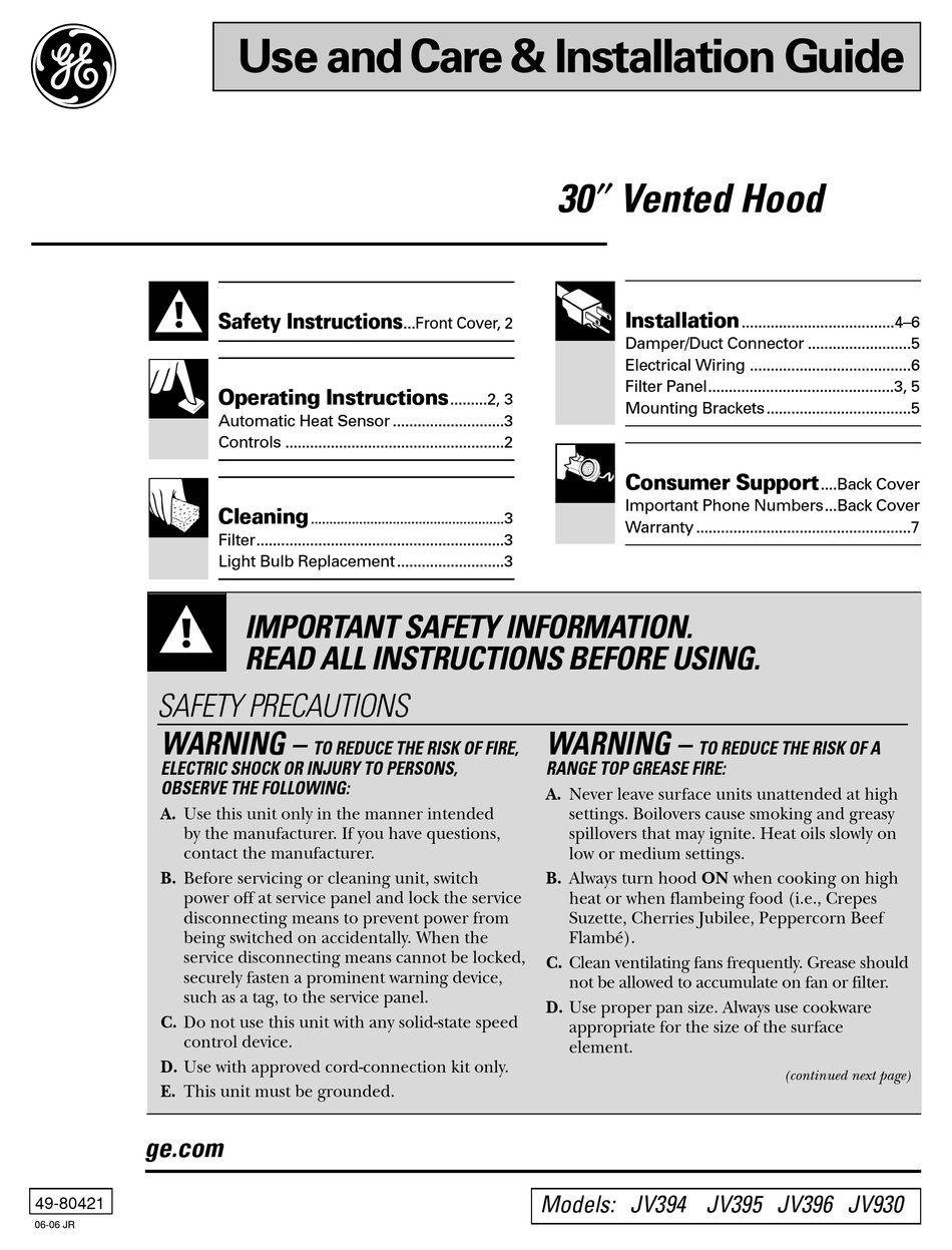 GE JV395 USE AND CARE & INSTALLATION MANUAL Pdf Download ManualsLib