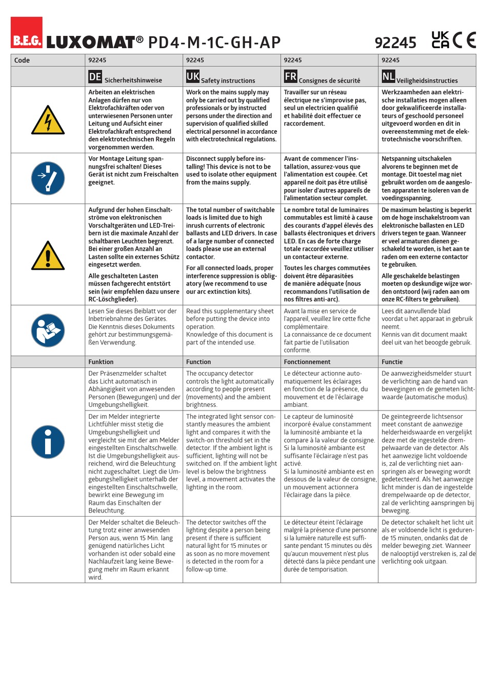 B.E.G. LUXOMAT PD4-M-1C-GH-AP MANUAL Pdf Download | ManualsLib