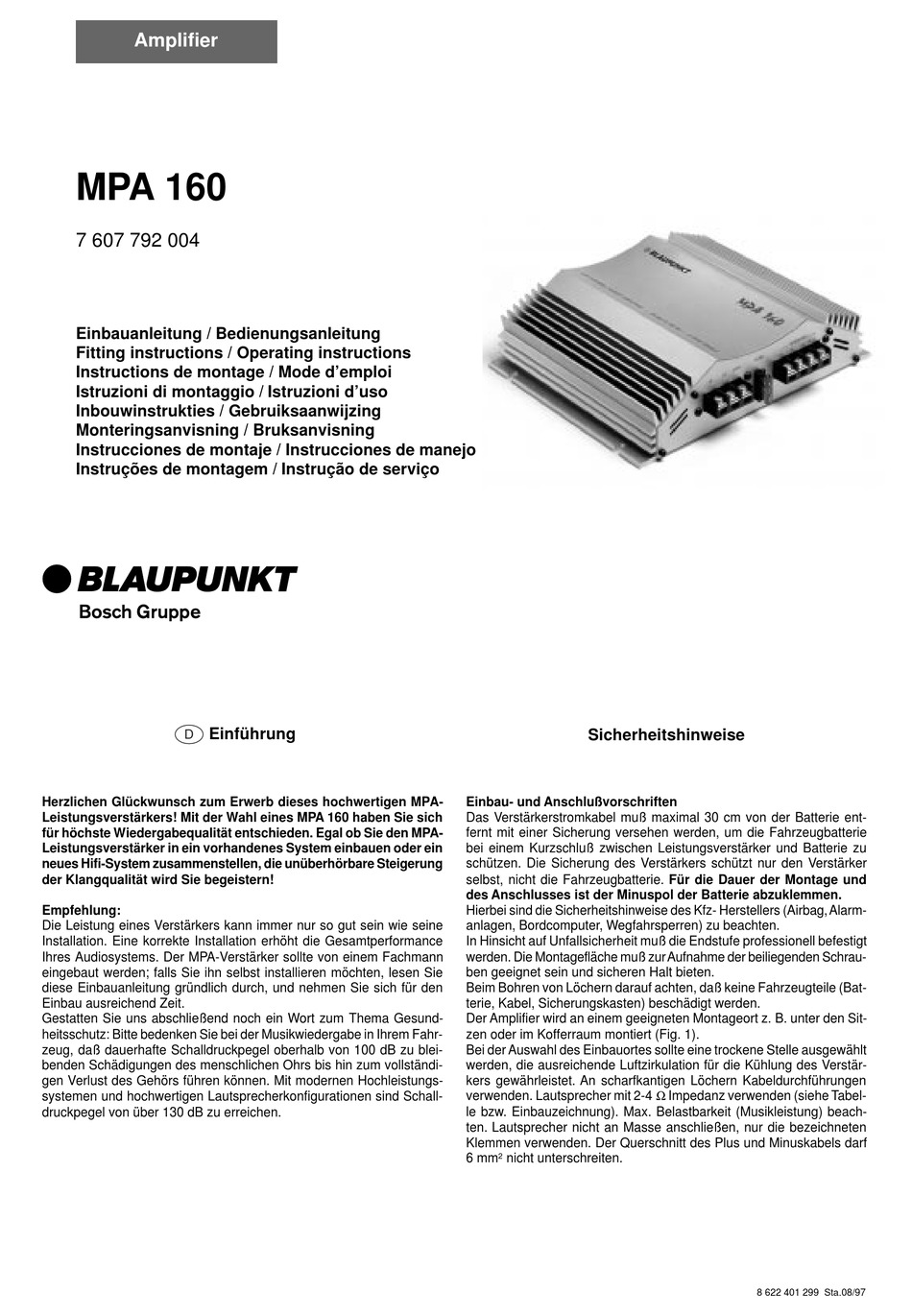 BLAUPUNKT MPA 160 FITTING INSTRUCTIONS / OPERATING INSTRUCTIONS Pdf