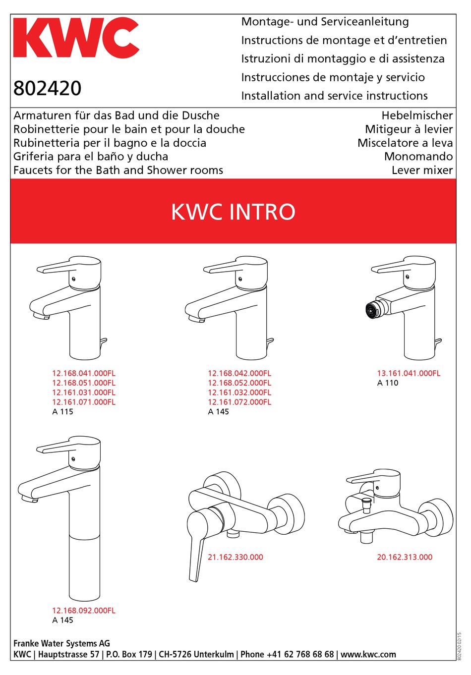 KWC A 115 INSTALLATION AND SERVICE INSTRUCTIONS MANUAL Pdf Download