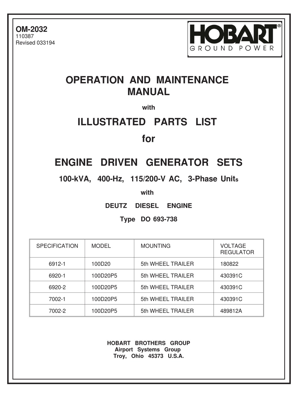 HOBART 100D20 OPERATION AND MAINTENANCE MANUAL WITH ILLUSTRATED PARTS