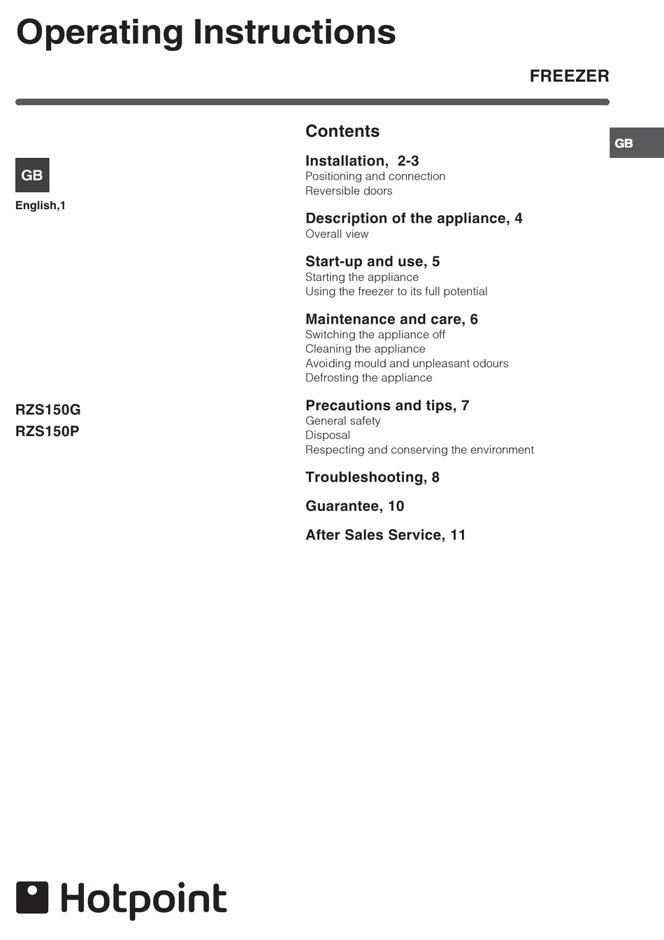 HOTPOINT RZS150P OPERATING INSTRUCTIONS MANUAL Pdf Download ManualsLib