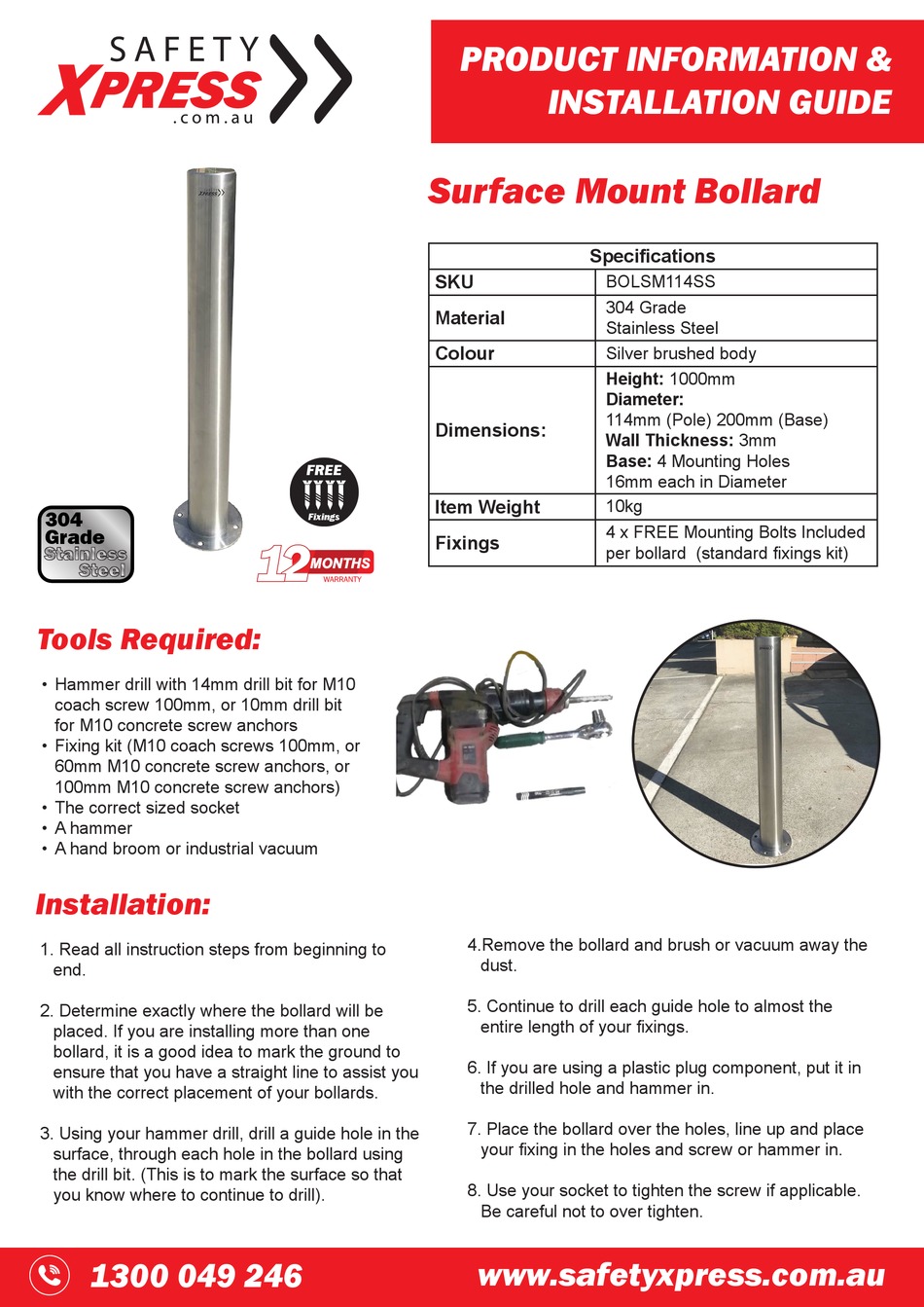 SAFETY XPRESS BOLSM114SS PRODUCT INFORMATION & INSTALLATION MANUAL Pdf