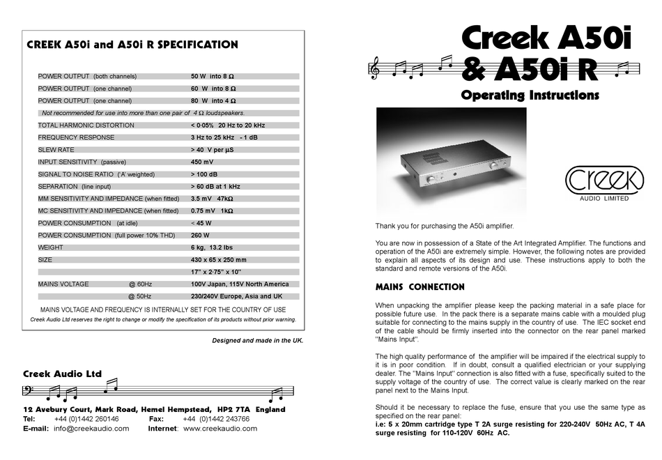 CREEK AUDIO A50I OPERATING INSTRUCTIONS Pdf Download | ManualsLib