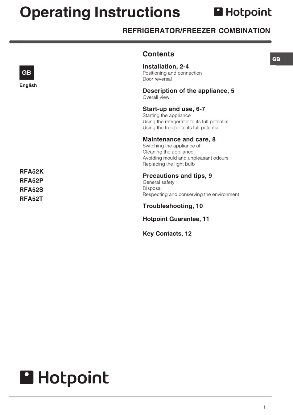 HOTPOINT RFA52K OPERATING INSTRUCTIONS MANUAL Pdf Download ManualsLib