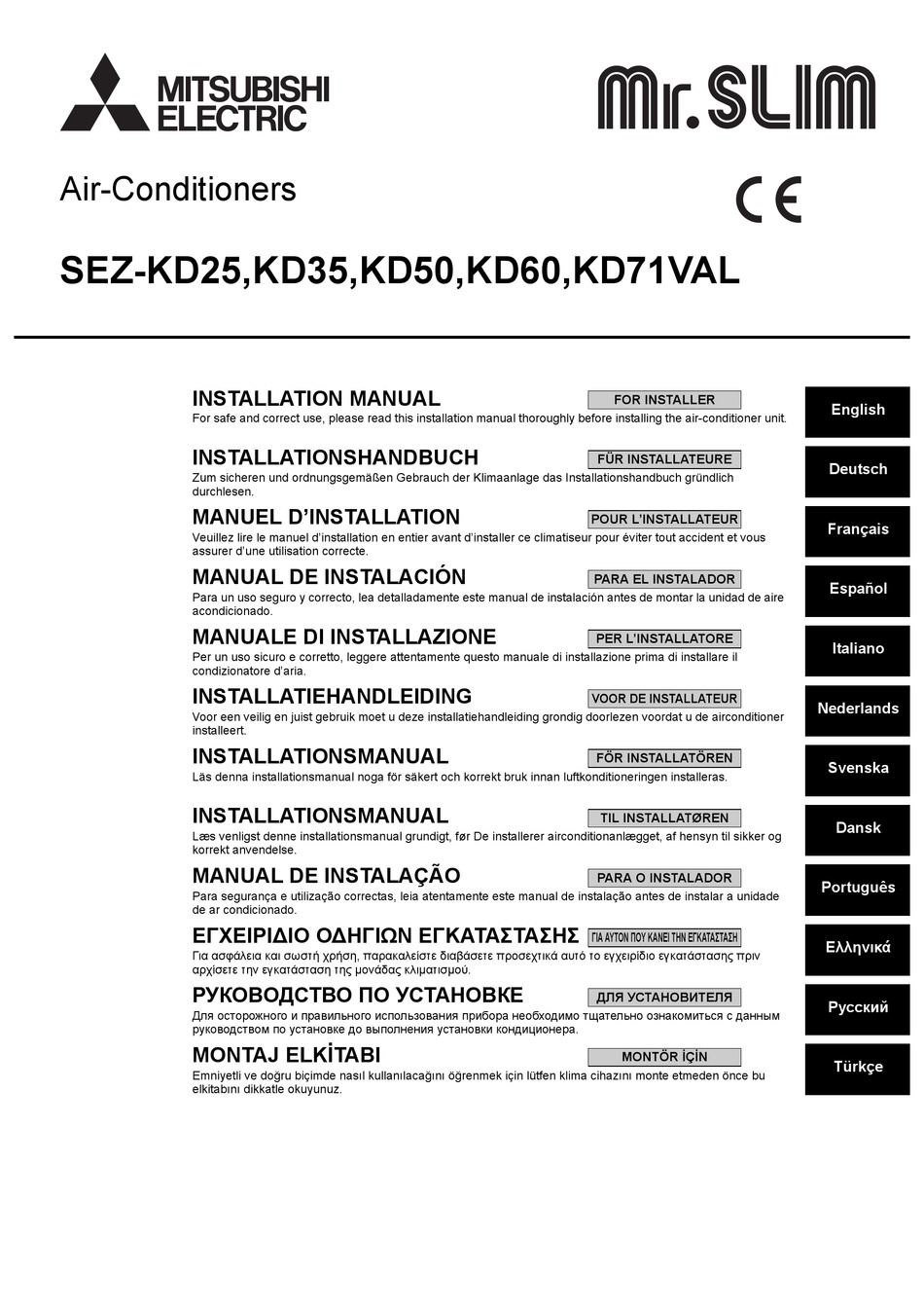 MITSUBISHI ELECTRIC MR.SLIM SEZKD25VAL INSTALLATION MANUAL Pdf