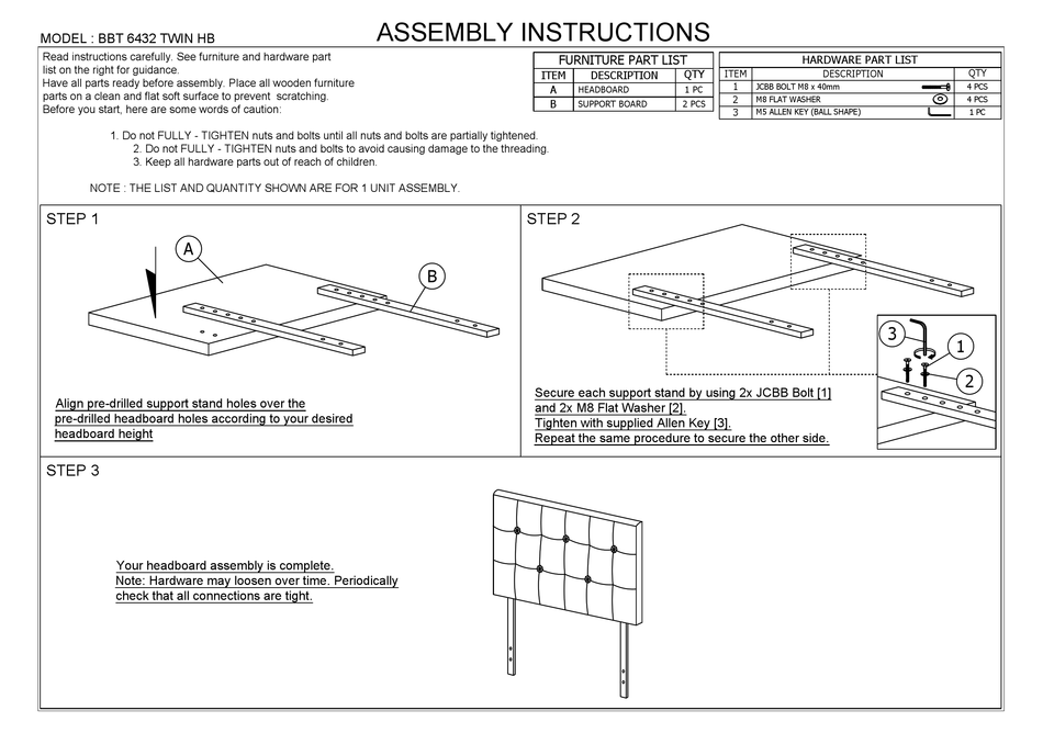 BAXTON STUDIO BBT 6432 TWIN HB ASSEMBLY INSTRUCTIONS Pdf Download
