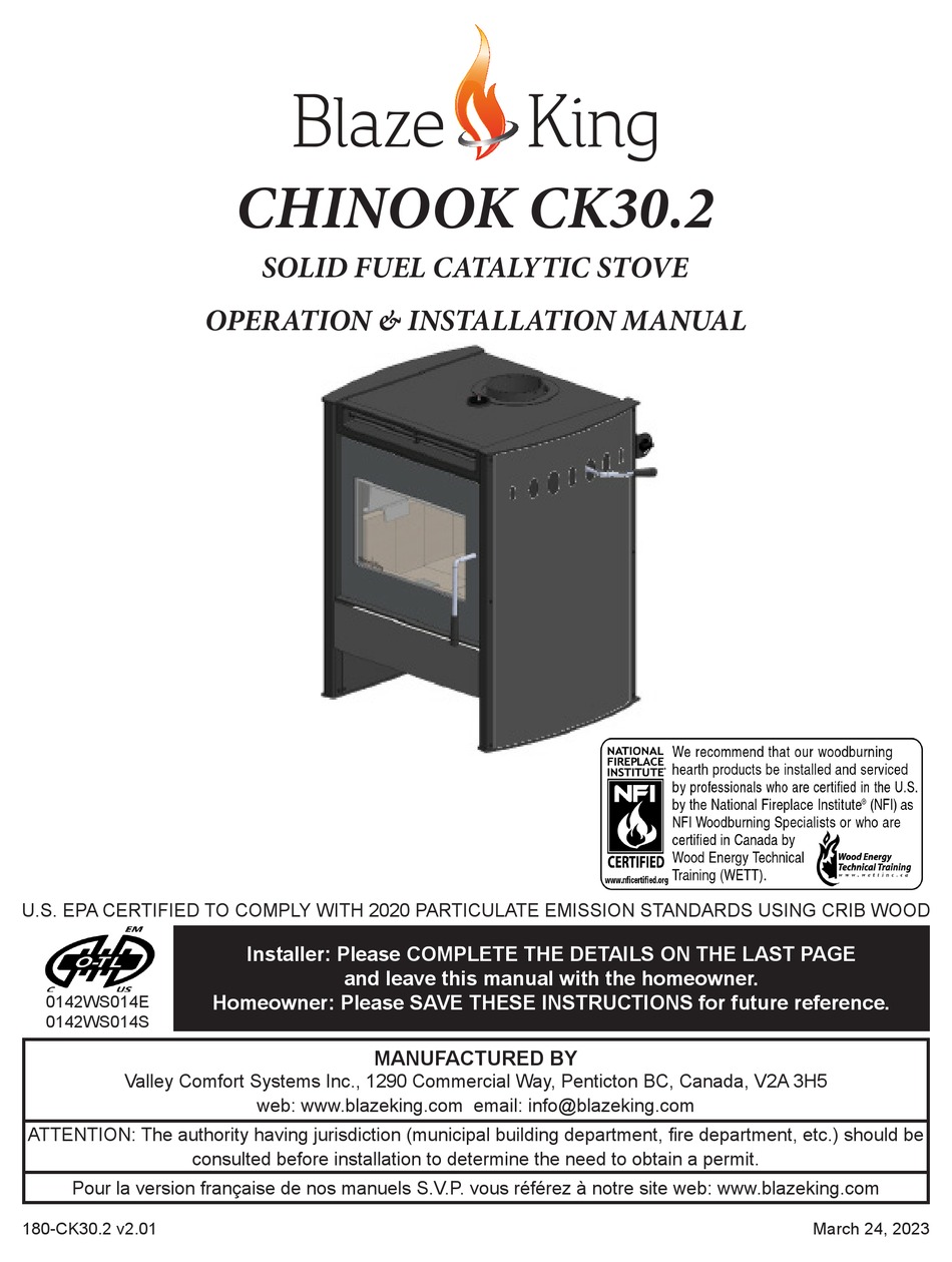 BLAZE KING CHINOOK CK30.2 OPERATION & INSTALLATION MANUAL Pdf Download