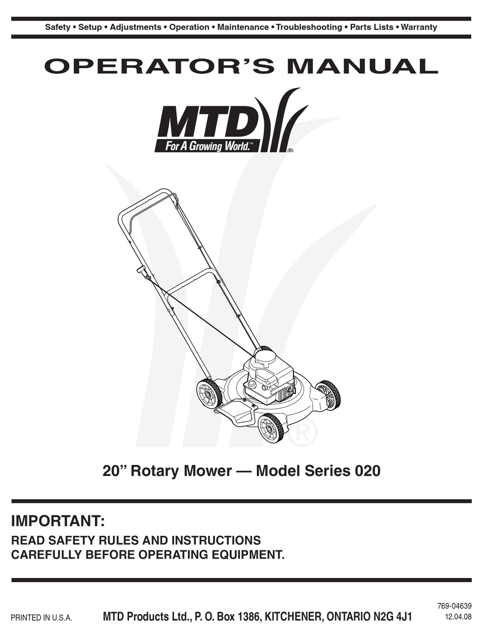 MTD YARD MACHINES 020 SERIES OPERATOR'S MANUAL Pdf Download | ManualsLib