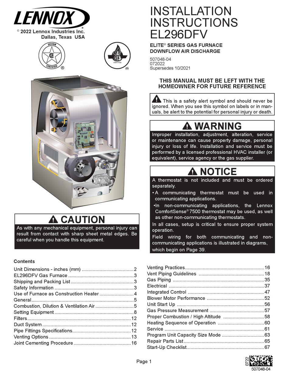 LENNOX ELITE EL296V INSTALLATION INSTRUCTIONS MANUAL Pdf Download ...