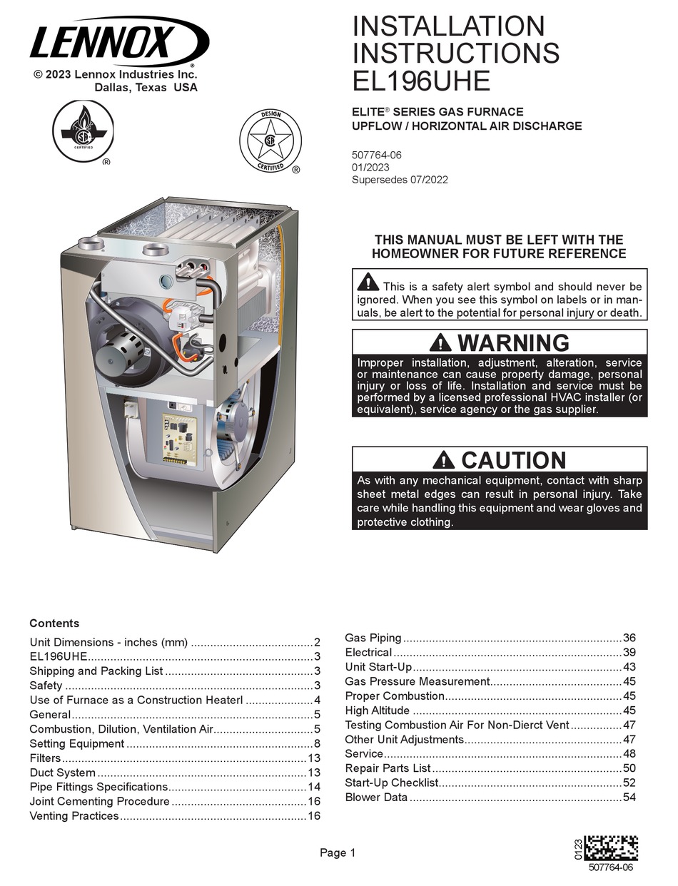 LENNOX ELITE EL196UHE INSTALLATION INSTRUCTIONS MANUAL Pdf Download