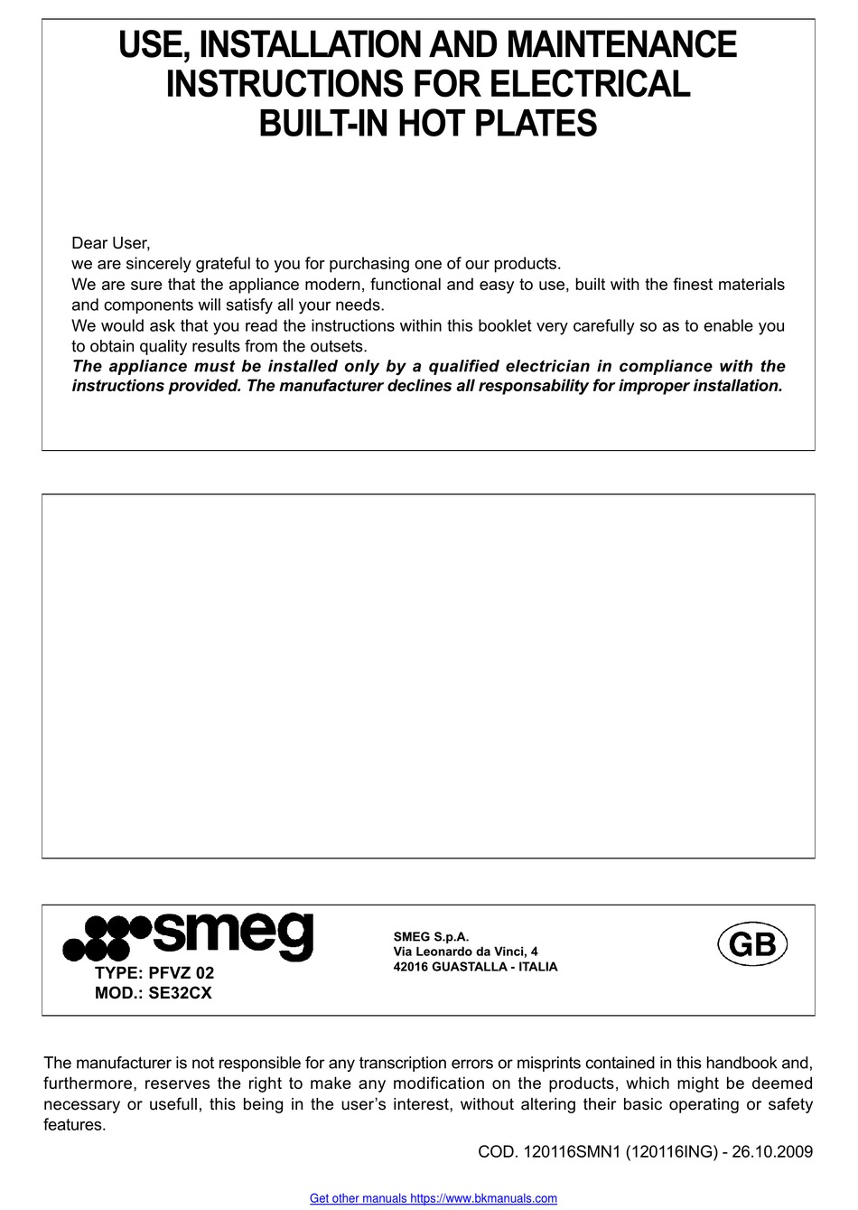 SMEG PFVZ 02 USE, INSTALLATION AND MAINTENANCE INSTRUCTIONS Pdf