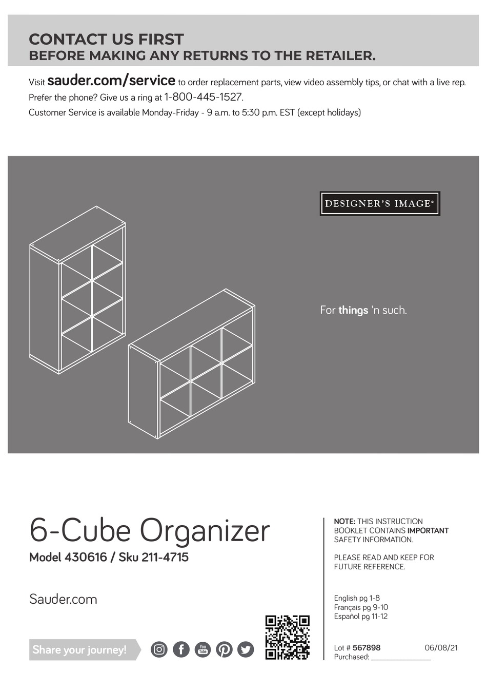 SAUDER DESIGNER'S IMAGE 430616 ASSEMBLY INSTRUCTIONS MANUAL Pdf