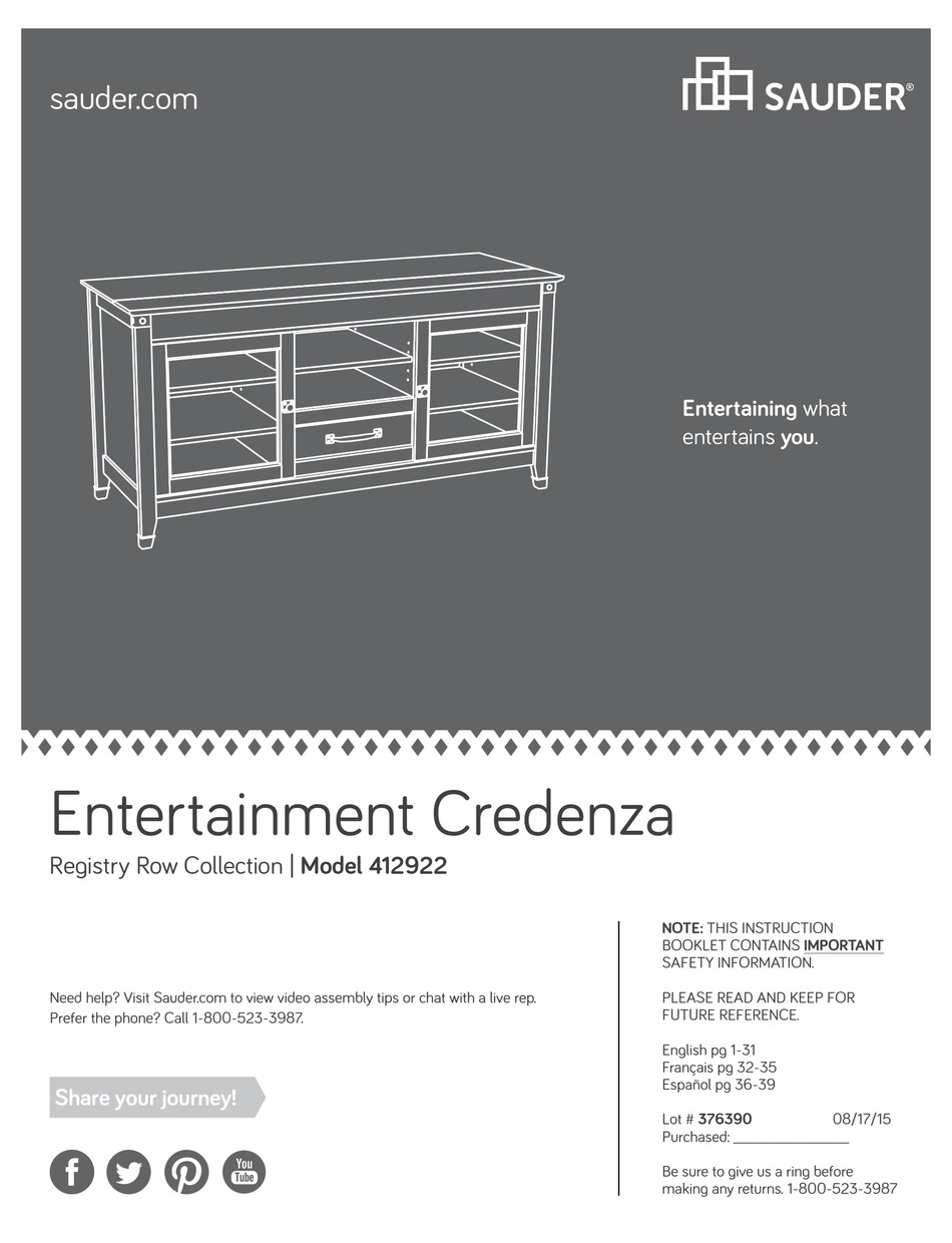 SAUDER REGISTRY ROW 412922 ASSEMBLY INSTRUCTIONS MANUAL Pdf Download
