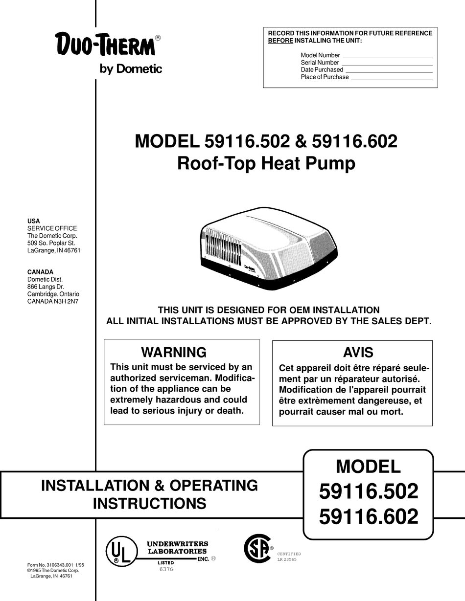 DOMETIC DUOTHERM 59116.502 INSTALLATION & OPERATING INSTRUCTIONS
