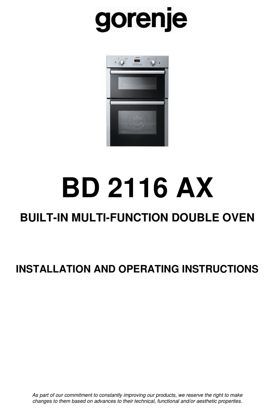 GORENJE BD 2116 AX INSTALLATION AND OPERATING INSTRUCTIONS MANUAL Pdf Download ManualsLib